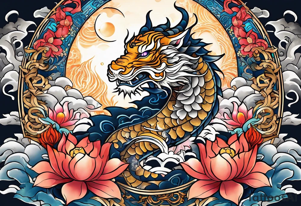 mangang dragon totem with lotus flowers and tiger with the sun and crescent moon tattoo idea