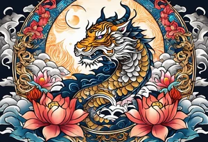 mangang dragon totem with lotus flowers and tiger with the sun and crescent moon tattoo idea