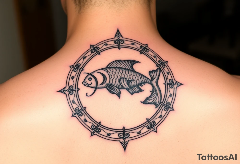 unique zodiac sign around the word “Pisces” tattoo idea