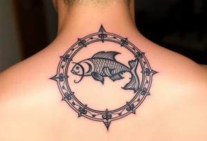unique zodiac sign around the word “Pisces” tattoo idea