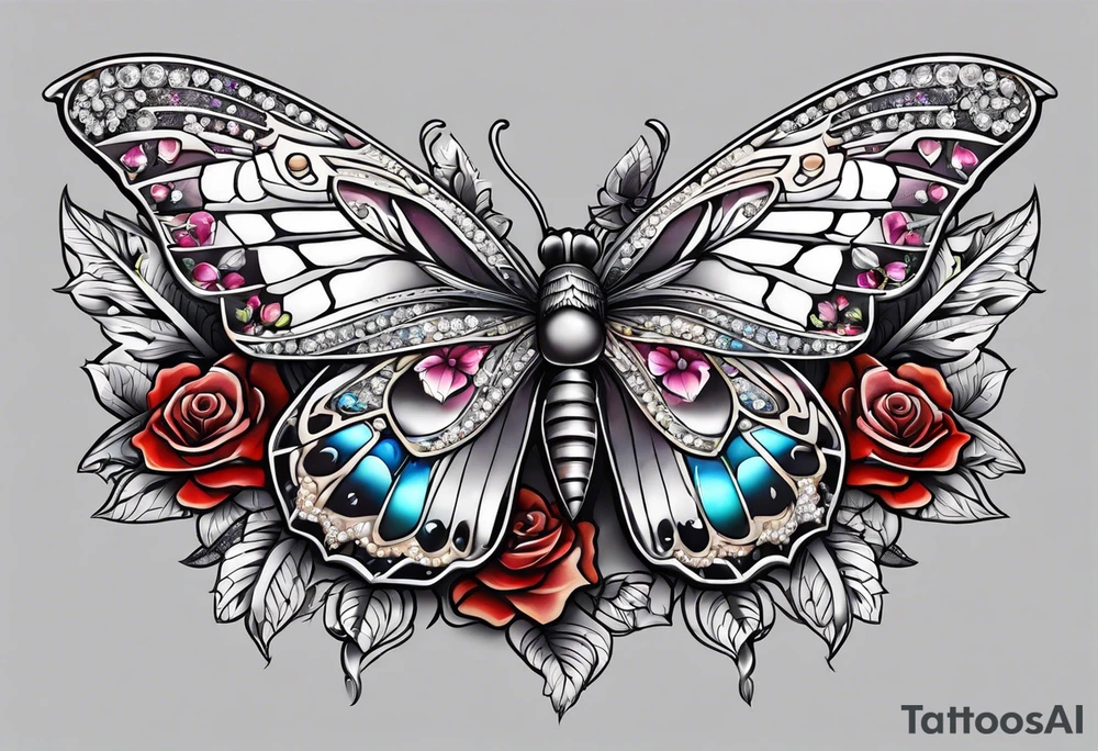 Flower chest piece, 
crystals, moth tattoo idea