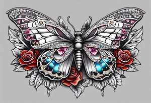 Flower chest piece, 
crystals, moth tattoo idea