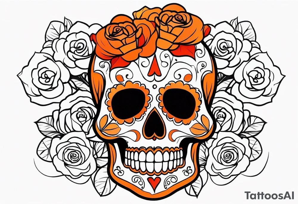Orange Sugar skull with roses that are orange and red with smoke around it tattoo idea