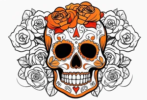 Orange Sugar skull with roses that are orange and red with smoke around it tattoo idea