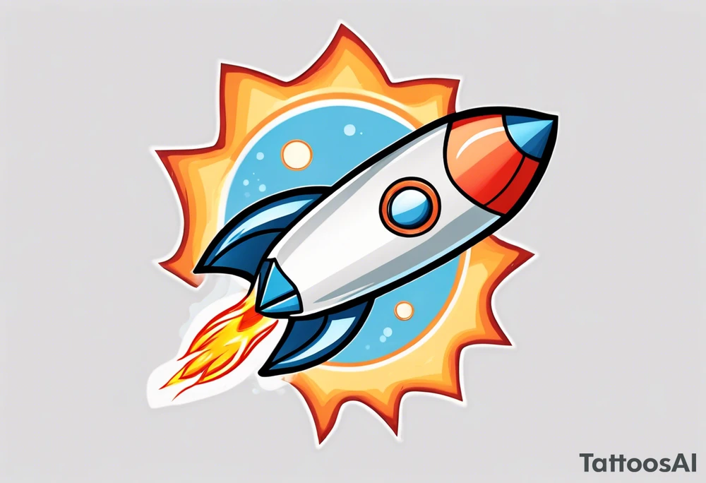 Super simple cartoon rocket ship with a round window, 3 fins, and fire coming out the bottom

Add some shading, color, and detail to make less basic - no blue tattoo idea