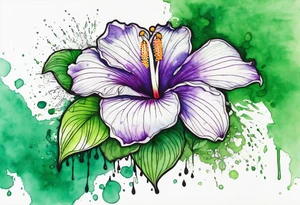 An outline of an only green rio dipladenia flower and a green and purple watercolor splash in the background tattoo idea