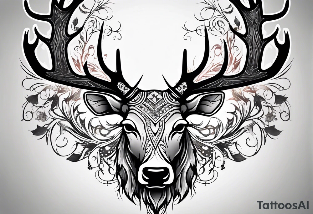 back tattoo of a front view reindeer with half the face as a skull tattoo idea