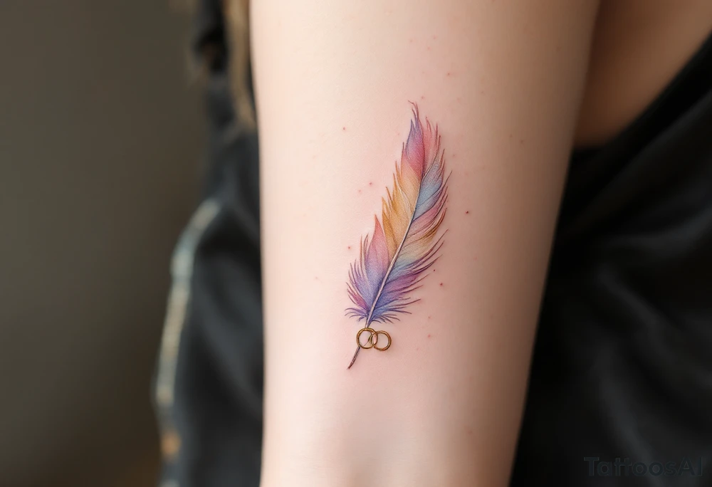 A delicate feather with soft watercolor shades of blush pink, lavender, and light gold, gently floating across the skin, with the quill end elegantly transforming into two intertwined wedding rings. The soft, feathered strokes gradually fade into a light mist, symbolizing lightness, freedom, and the enduring beauty of love. tattoo idea