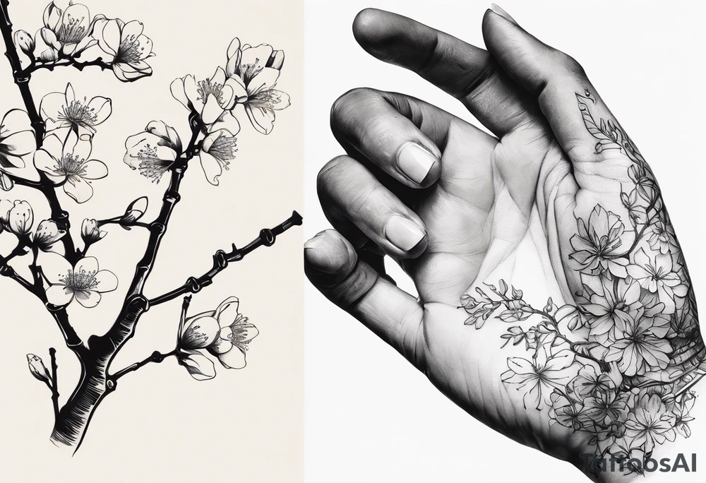 Alright, let's dive into more intricate details for the AI to capture your tattoo vision:

1. Start by meticulously drawing a human hand pointing at a skeleton hand on your left shoulder, ensuring the hands are anatomically correct and well-defined.
2. From the wrist of the human hand, delicately sketch a cherry blossom branch emerging, paying attention to the intricate details of the blossoms and branches.
3. Guide the branch to elegantly travel down your arm, following a natural curve and wrapping around the bicep with realistic twists and turns.
4. Skillfully narrow down the branch to fit through a 7 cm gap on your forearm, maintaining the grace of the cherry blossom design.
5. Finally, lead the branch to its conclusion in a 10 cm gap on your wrist, adding additional blossom elements to complete the tattoo with finesse.

By providing these detailed instructions, the AI will be able to capture the complexity and beauty of your tattoo concept accurately. tattoo idea