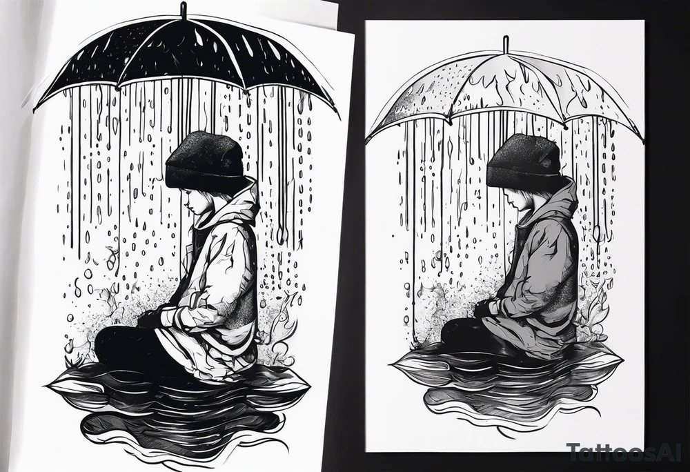 person under rain tattoo idea