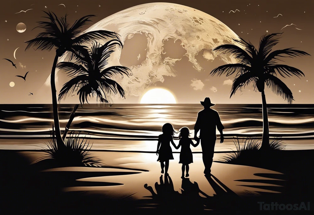 Create a stunning image of a realistic tattoo design that features a husband and wife holding hands, accompanied by their two children, walking along a beautiful beach. The moon shines radiantly in the night sky, illuminating the serene scene. Let your creativity flourish as you envision the intricate details that bring this tattoo to life, encapsulating the essence of love, family, and the awe-inspiring beauty of nature. tattoo idea