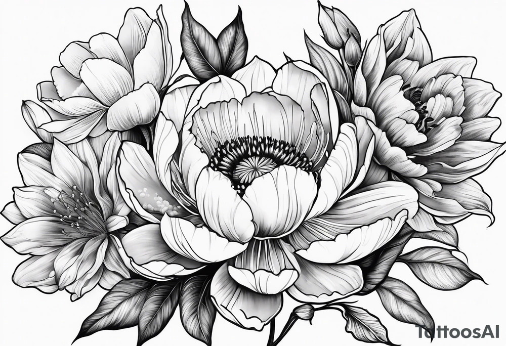 cherry blossom, peony, sunflower, tulip, lily tattoo idea