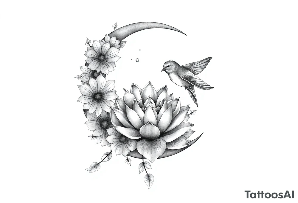 crescent floral moon with lotus flower and baby birds tattoo idea