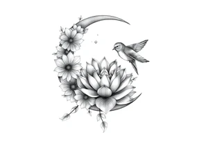 crescent floral moon with lotus flower and baby birds tattoo idea