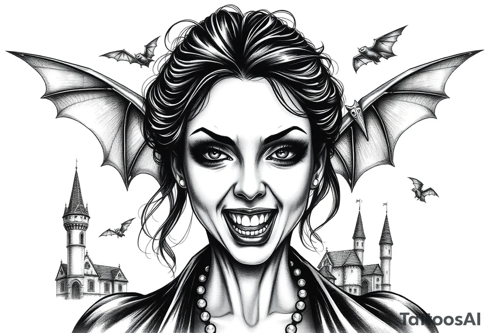 female vampire,bats,old castle,teeth. tattoo idea