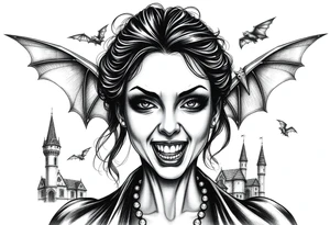 female vampire,bats,old castle,teeth. tattoo idea