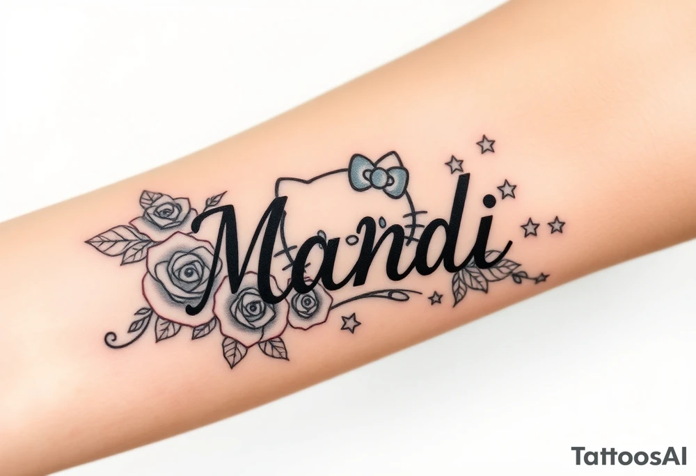 Name Mandi with blue eyes roses and stars hello kitty tattoo idea
