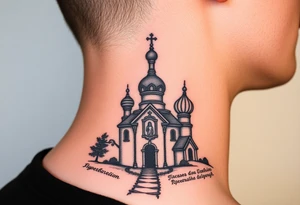 rusian orthodox domes church with a virgin mary in a russian rural village with Church Slavonic script or Cyrillic text — a prayer or meaningful phrase running along the sides tattoo idea