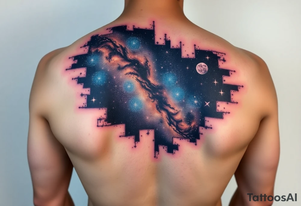 Beautiful and epic 3d milky way that appears to be what is beneath the skin. Make it drape over the shoulder and move to the middle back. use negative spaces to create stars and dust. Keep it symmetrical tattoo idea