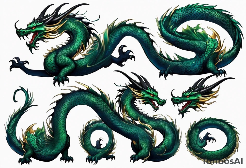 An epic with no wings, floating. Its long body coiling dynamically, with scales and horns detailed to create a sense of movement and strength. The dragon's main color is midnight blue but features little accents in dark green and gold, giving a vibrant depth and a mystical aura. This tattoo highlights the dragon’s fierce expression and sharp claws. tattoo idea