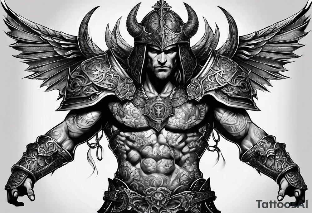 Right Upper arm, pectoral and back armor, demons crawling up bottom of the chest and back plates with heaven and cross on top of the armor plates, chainmail underneath arm plates tattoo idea