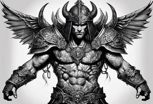 Right Upper arm, pectoral and back armor, demons crawling up bottom of the chest and back plates with heaven and cross on top of the armor plates, chainmail underneath arm plates tattoo idea