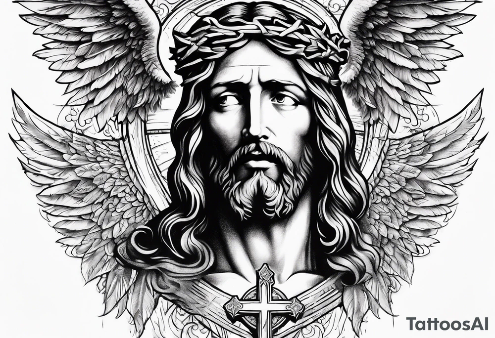 jesus on a cross surround by angel wings tattoo idea