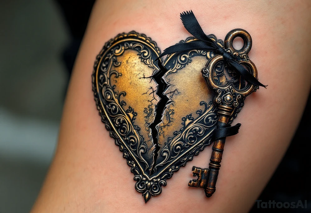A vintage heart-shaped lock with intricate baroque detailing, cracked slightly at the center, paired with a rusted skeleton key wrapped in a thin black ribbon. The lock is shaded in antique gold and deep bronze, while the key has accents of dark silver and aged steel. tattoo idea