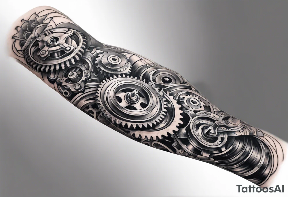 a biomechanical armsleeve with gears and pistons and springs tattoo idea