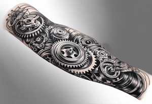 a biomechanical armsleeve with gears and pistons and springs tattoo idea