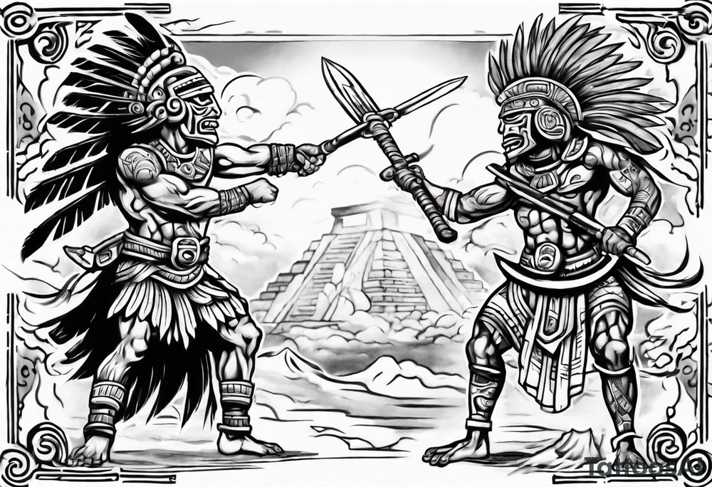 tattoo mayan warrior fighting against the gods as the sunrise from the ground tattoo idea
