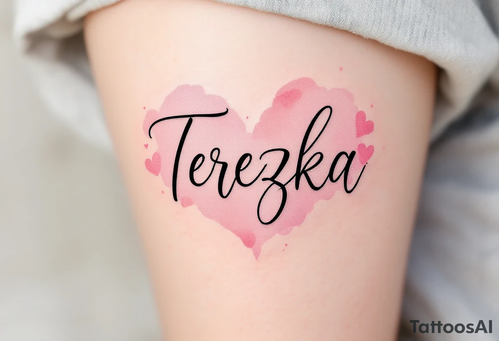 The name Terezka written in elegant script, surrounded by soft pink watercolor hearts. tattoo idea