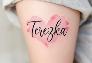 The name Terezka written in elegant script, surrounded by soft pink watercolor hearts. tattoo idea