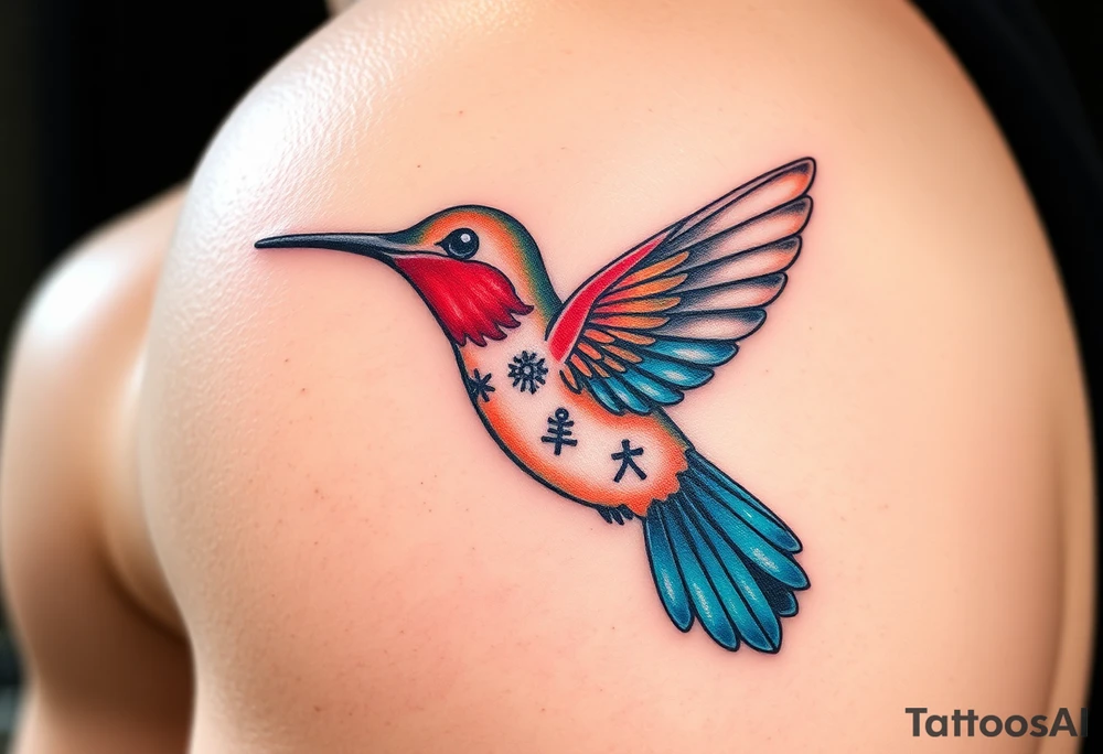 A hummingbird made of sand and hieroglyphs(only red , blue and black are possible colors) tattoo idea