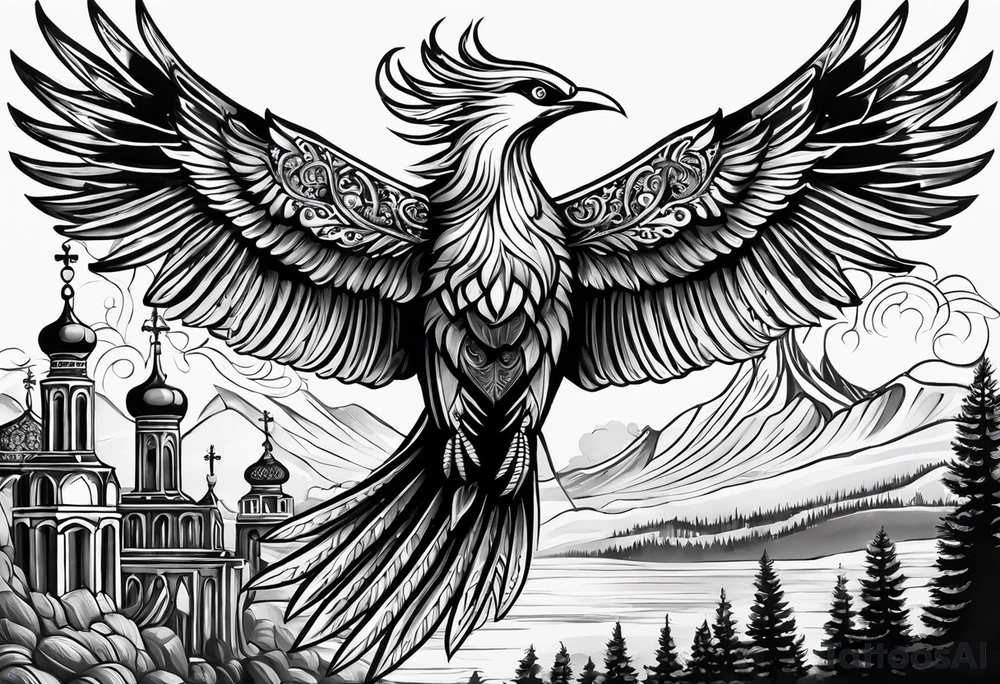 russian firebird in-flight with long fancy tail and 3 small onion cap monastery towers in background, with "Isaiah 43: 18-19" tattoo idea