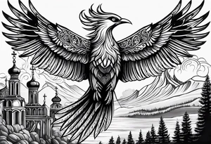 russian firebird in-flight with long fancy tail and 3 small onion cap monastery towers in background, with "Isaiah 43: 18-19" tattoo idea