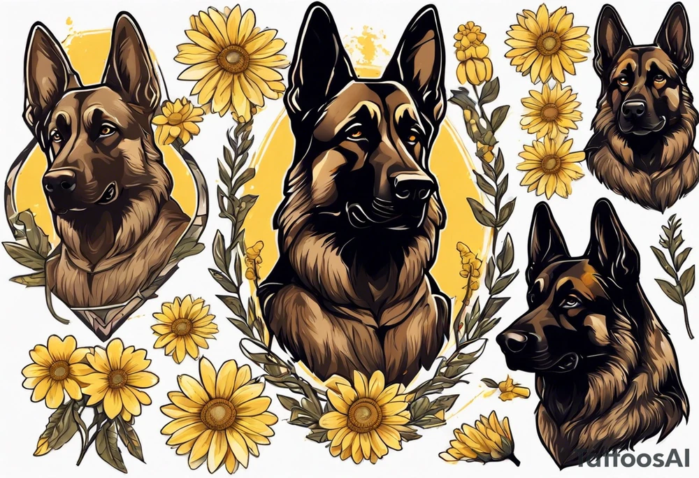 Dark Brown German shepherd portrait surrounded by yellow daisies tattoo idea
