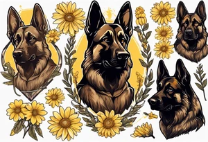 Dark Brown German shepherd portrait surrounded by yellow daisies tattoo idea