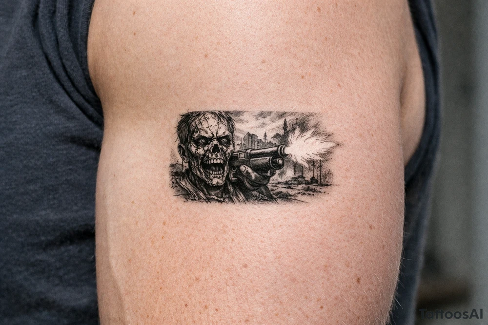 Detailed zombie face, shotgun muzzle flash, dusty, desolate landscape. tattoo idea