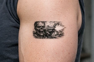 Detailed zombie face, shotgun muzzle flash, dusty, desolate landscape. tattoo idea