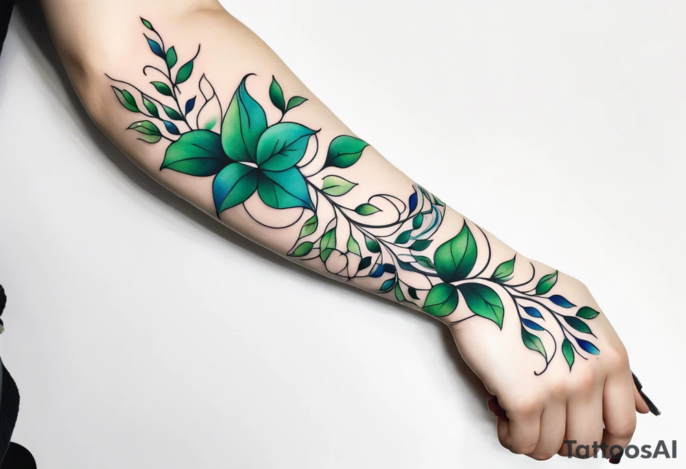 Delicate Vines crawling up the arm. Sleeve. Greens and blues tattoo idea