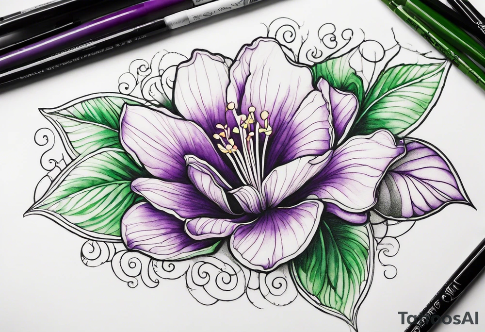 An outline of a rio dipladenia flower with a green and purple watercolor background tattoo idea