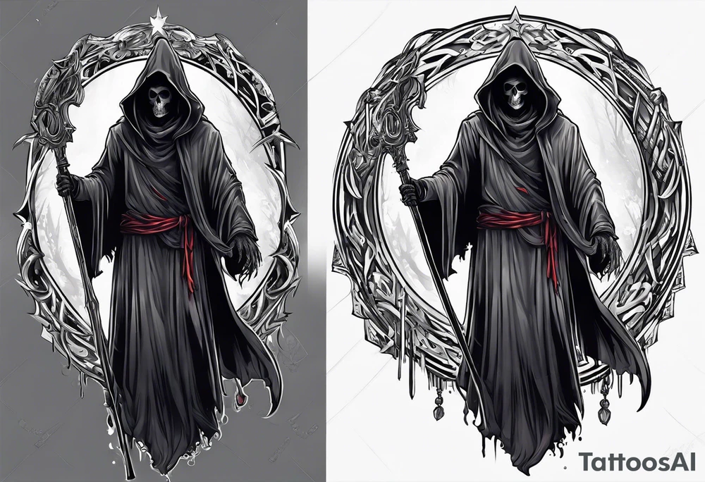 A full body grim reaper with his hood completely off, a halo above his head. tattoo idea