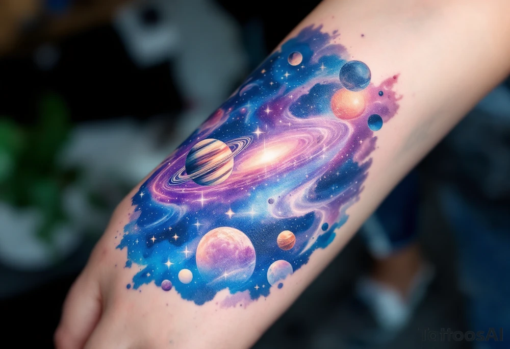 A galaxy scene with stars and planets swirling in deep blue and violet, evoking cosmic freedom. tattoo idea