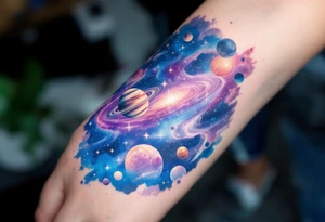 A galaxy scene with stars and planets swirling in deep blue and violet, evoking cosmic freedom. tattoo idea