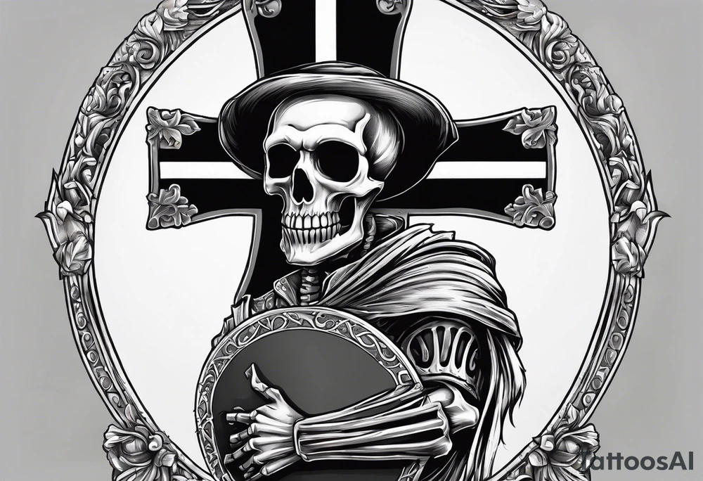 skeleton holding a shield with a cross on it tattoo idea