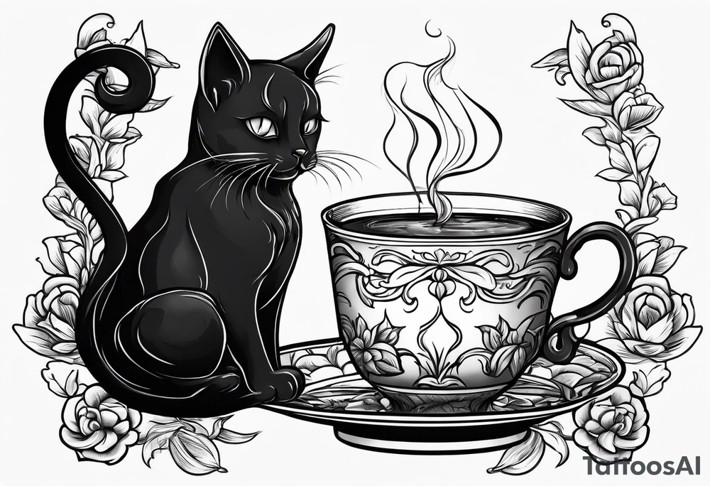 Black cat taking some tea in a wonderful cup tattoo idea