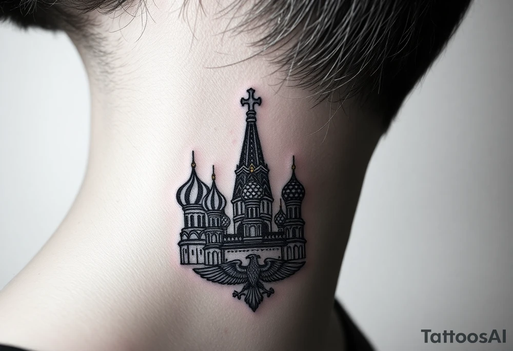 St. George 
3 russian imperial crowns above the Russian coat of arms double eagle
Russian sabre
The Kremlin or St. Basil's Cathedral scene 
on the side of my neck tattoo idea