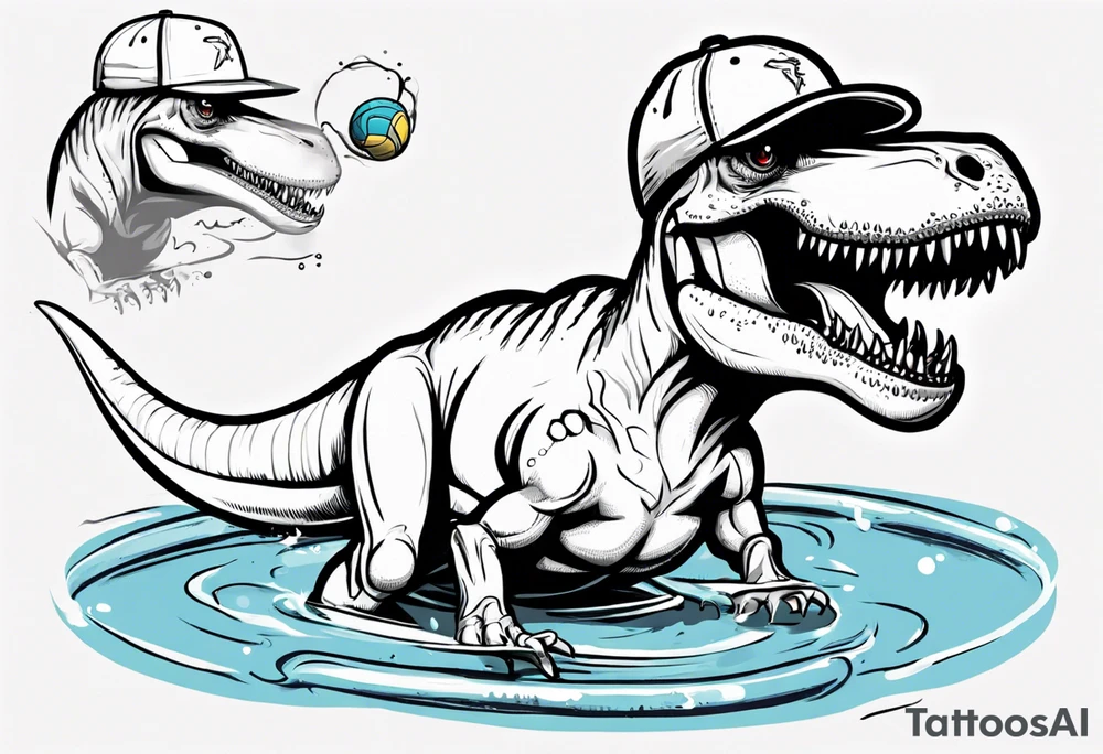 silly happy t rex in a pool wearing water polo cap tattoo idea