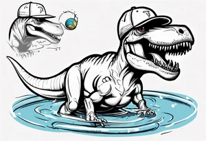 silly happy t rex in a pool wearing water polo cap tattoo idea